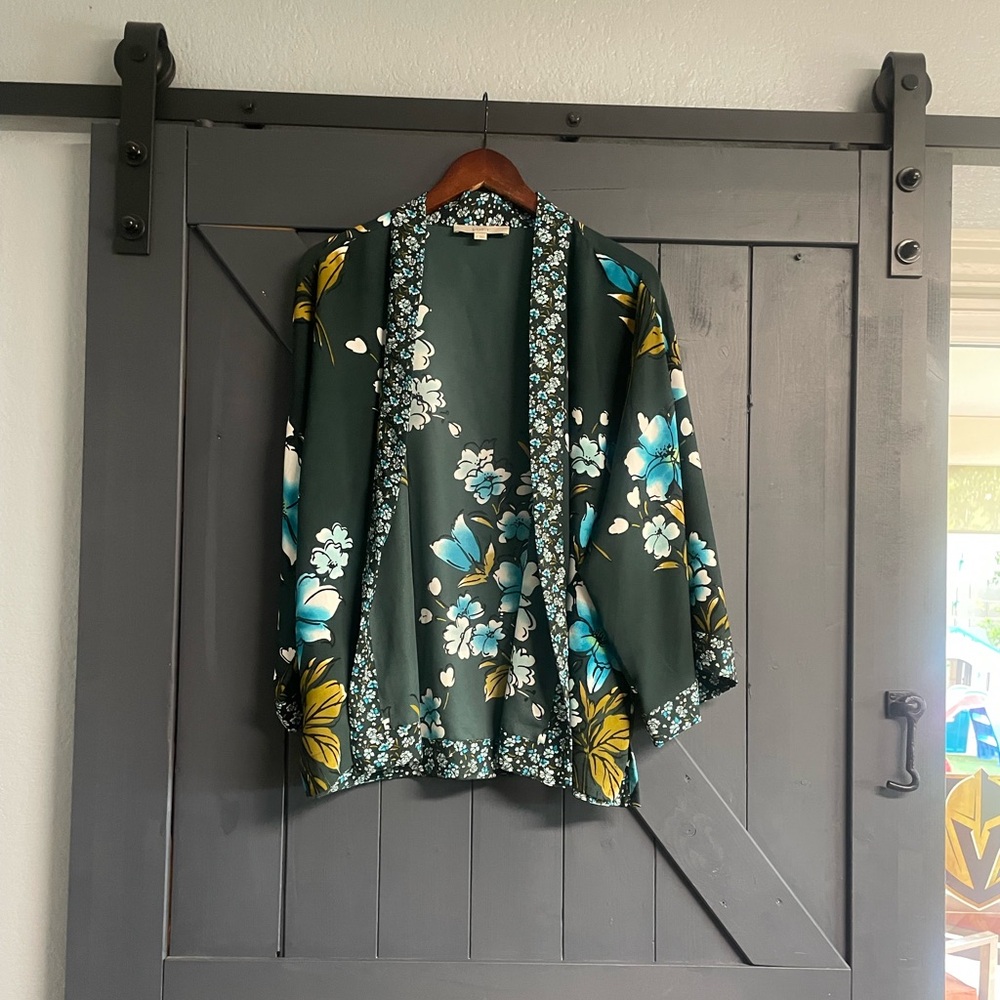 LOFT Teal Floral Open-Front Kimono